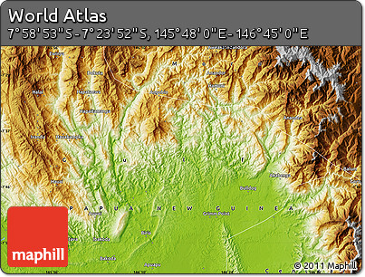 Physical Map of the Area around 7° 41' 23" S, 146° 16' 30" E