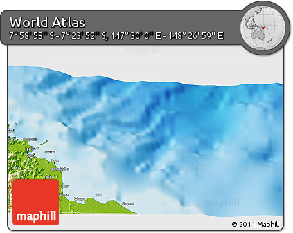 Physical 3D Map of the Area around 7° 41' 23" S, 147° 58' 29" E