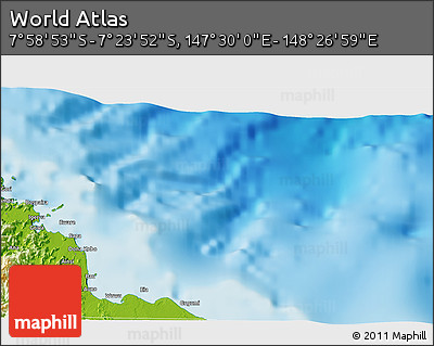 Physical 3D Map of the Area around 7° 41' 23" S, 147° 58' 29" E