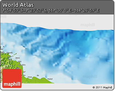 Physical 3D Map of the Area around 7° 41' 23" S, 147° 58' 29" E