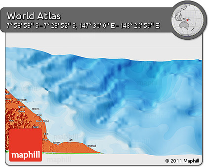 Political 3D Map of the Area around 7° 41' 23" S, 147° 58' 29" E