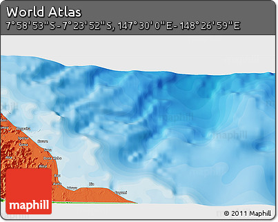 Political 3D Map of the Area around 7° 41' 23" S, 147° 58' 29" E