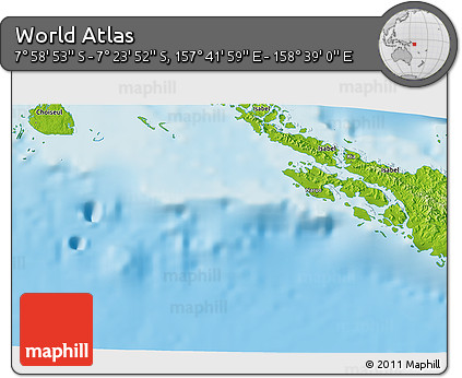 Physical 3D Map of the Area around 7° 41' 23" S, 158° 10' 30" E