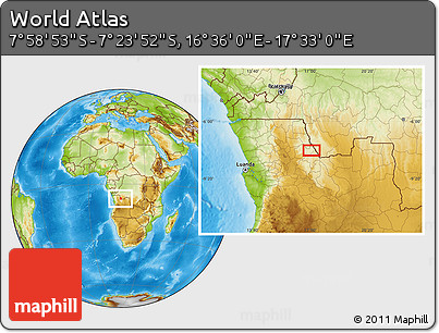 Physical Location Map of the Area around 7° 41' 23" S, 17° 4' 30" E