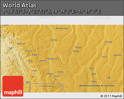 Physical 3D Map of the Area around 7° 41' 23" S, 18° 46' 29" E