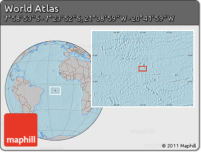 Gray Location Map of the Area around 7° 41' 23" S, 21° 10' 29" W, hill shading