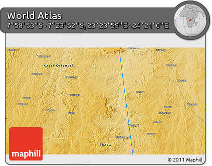 Physical 3D Map of the Area around 7° 41' 23" S, 23° 52' 30" E