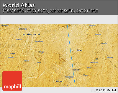 Physical 3D Map of the Area around 7° 41' 23" S, 23° 52' 30" E
