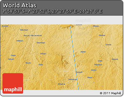 Physical 3D Map of the Area around 7° 41' 23" S, 23° 52' 30" E