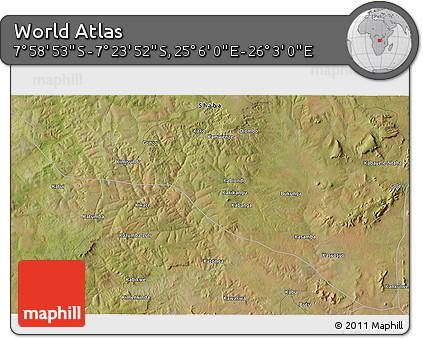 Satellite 3D Map of the Area around 7° 41' 23" S, 25° 34' 30" E