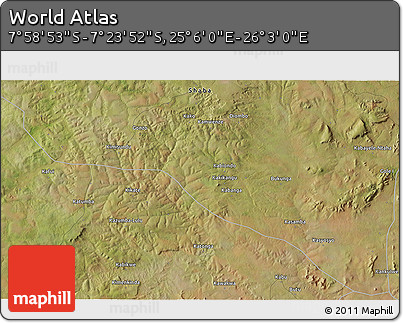 Satellite 3D Map of the Area around 7° 41' 23" S, 25° 34' 30" E