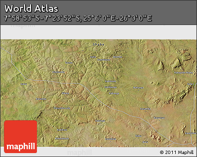 Satellite 3D Map of the Area around 7° 41' 23" S, 25° 34' 30" E