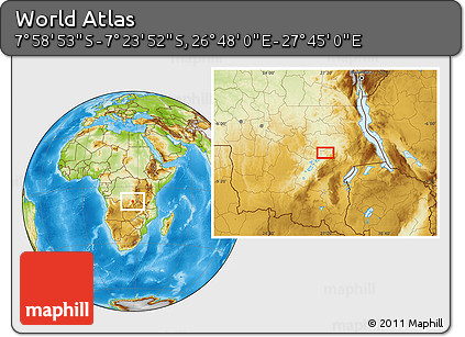 Physical Location Map of the Area around 7° 41' 23" S, 27° 16' 29" E