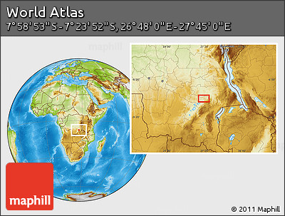 Physical Location Map of the Area around 7° 41' 23" S, 27° 16' 29" E