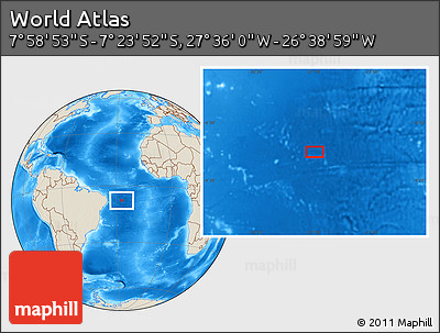 Shaded Relief Location Map of the Area around 7° 41' 23" S, 27° 7' 30" W