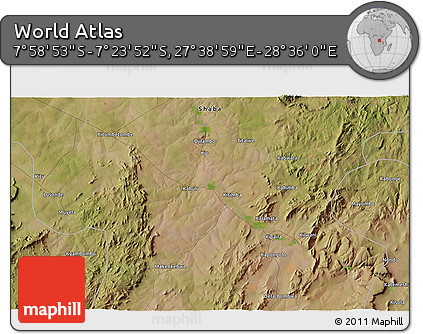 Satellite 3D Map of the Area around 7° 41' 23" S, 28° 7' 30" E