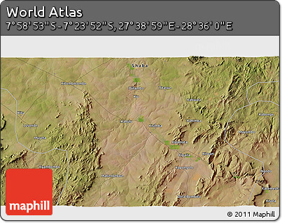Satellite 3D Map of the Area around 7° 41' 23" S, 28° 7' 30" E