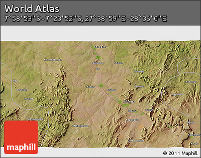 Satellite 3D Map of the Area around 7° 41' 23" S, 28° 7' 30" E
