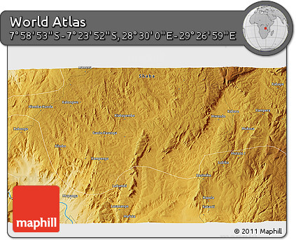 Physical 3D Map of the Area around 7° 41' 23" S, 28° 58' 30" E