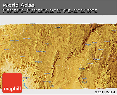 Physical 3D Map of the Area around 7° 41' 23" S, 28° 58' 30" E