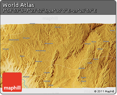 Physical 3D Map of the Area around 7° 41' 23" S, 28° 58' 30" E