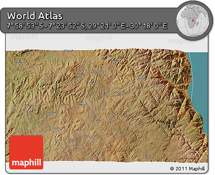 Satellite 3D Map of the Area around 7° 41' 23" S, 29° 49' 30" E