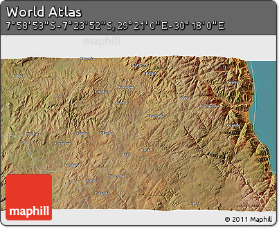 Satellite 3D Map of the Area around 7° 41' 23" S, 29° 49' 30" E