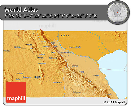 Political 3D Map of the Area around 7° 41' 23" S, 31° 31' 29" E