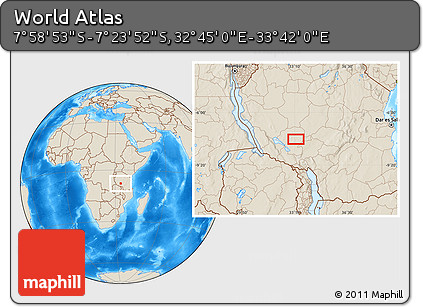 Shaded Relief Location Map of the Area around 7° 41' 23" S, 33° 13' 30" E