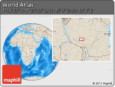 Shaded Relief Location Map of the Area around 7° 41' 23" S, 33° 13' 30" E
