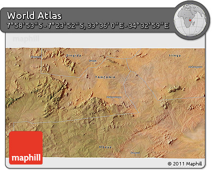 Satellite 3D Map of the Area around 7° 41' 23" S, 34° 4' 30" E