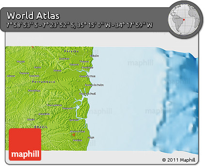 Physical 3D Map of the Area around 7° 41' 23" S, 34° 46' 29" W