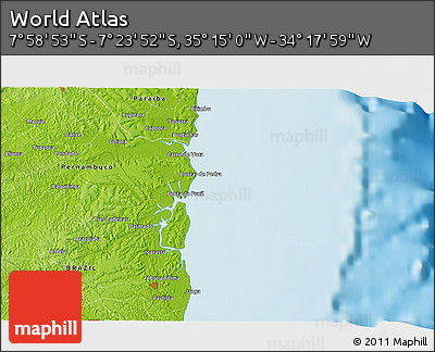 Physical 3D Map of the Area around 7° 41' 23" S, 34° 46' 29" W