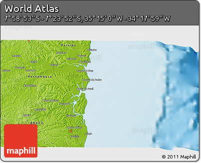 Physical 3D Map of the Area around 7° 41' 23" S, 34° 46' 29" W