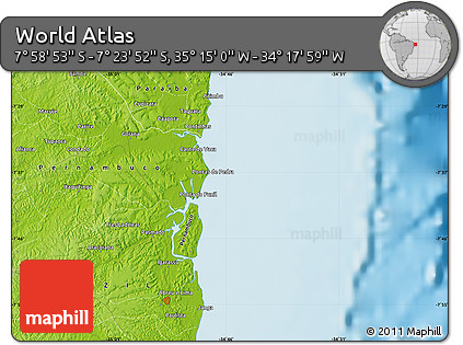 Physical Map of the Area around 7° 41' 23" S, 34° 46' 29" W