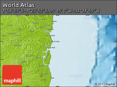 Physical Map of the Area around 7° 41' 23" S, 34° 46' 29" W