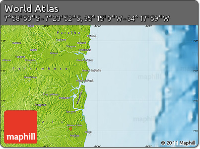 Physical Map of the Area around 7° 41' 23" S, 34° 46' 29" W