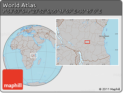 Gray Location Map of the Area around 7° 41' 23" S, 35° 46' 29" E