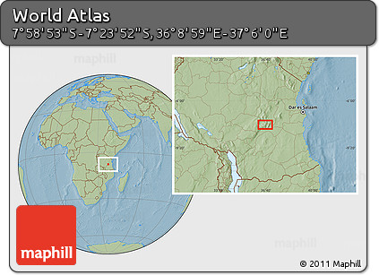 Savanna Style Location Map of the Area around 7° 41' 23" S, 36° 37' 30" E, hill shading