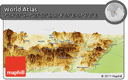 Physical Panoramic Map of the Area around 7° 41' 23" S, 36° 37' 30" E