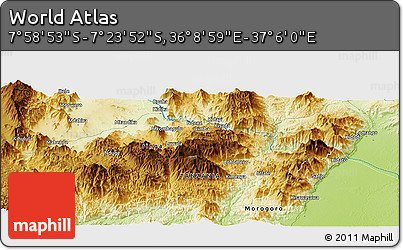 Physical Panoramic Map of the Area around 7° 41' 23" S, 36° 37' 30" E