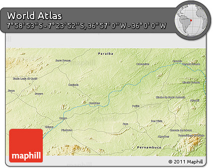 Physical 3D Map of the Area around 7° 41' 23" S, 36° 28' 30" W