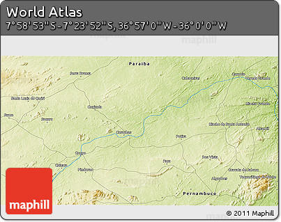 Physical 3D Map of the Area around 7° 41' 23" S, 36° 28' 30" W