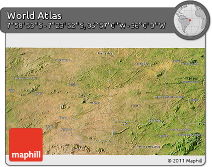 Satellite 3D Map of the Area around 7° 41' 23" S, 36° 28' 30" W