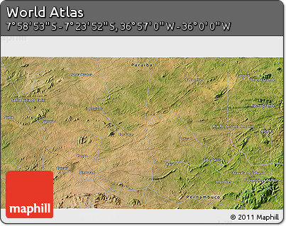 Satellite 3D Map of the Area around 7° 41' 23" S, 36° 28' 30" W