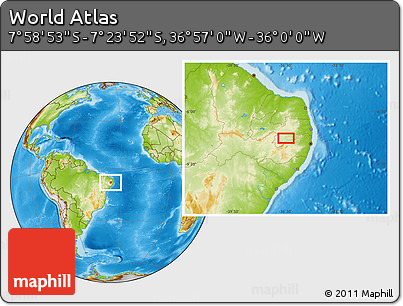 Physical Location Map of the Area around 7° 41' 23" S, 36° 28' 30" W