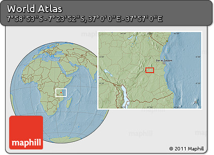 Savanna Style Location Map of the Area around 7° 41' 23" S, 37° 28' 30" E, hill shading