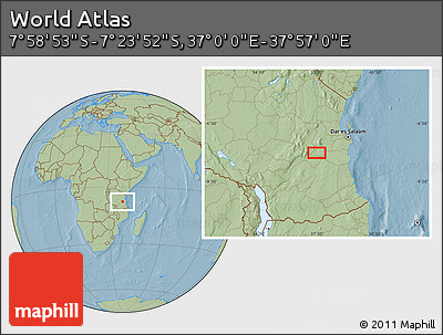 Savanna Style Location Map of the Area around 7° 41' 23" S, 37° 28' 30" E, hill shading