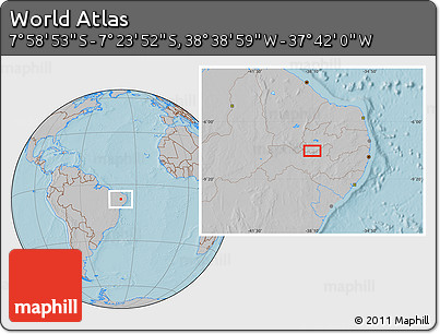 Gray Location Map of the Area around 7° 41' 23" S, 38° 10' 29" W, hill shading