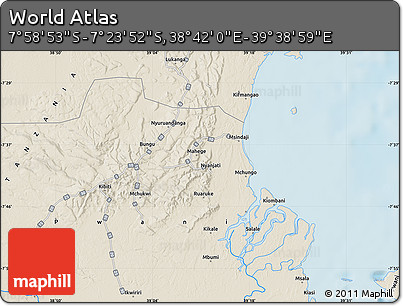 Shaded Relief Map of the Area around 7° 41' 23" S, 39° 10' 29" E